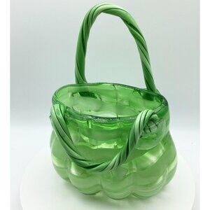 Murano Style Art Glass Emerald Green Basket Vase-Vintage Blown Glass